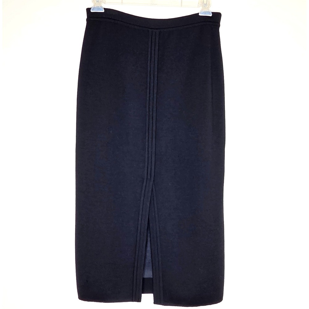 Vtg Stizzoli Wool Faux Wrap Pencil Skirt Sz US 8‎ Black Minimalist Quiet Luxury